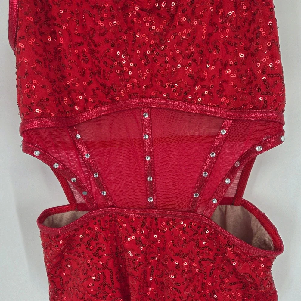 Balera Red Sequin Dance Leotard Mesh Rhinestone Cage Back Girls Large LC